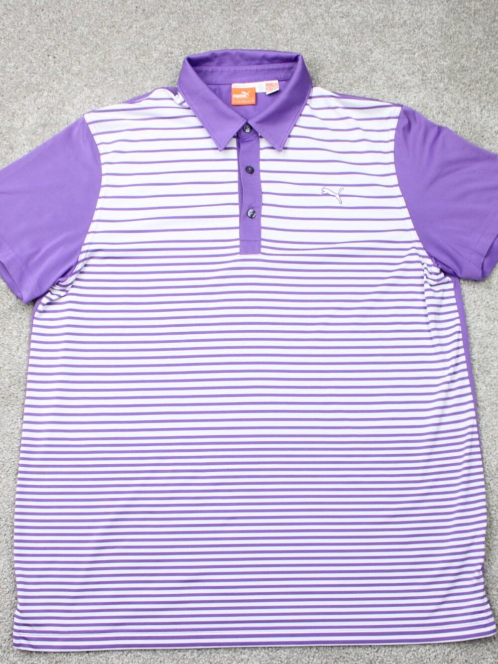 PUMA Polo Shirt Mens XL Purple Striped Golf Yarn Dye Polyester Short Sleeve